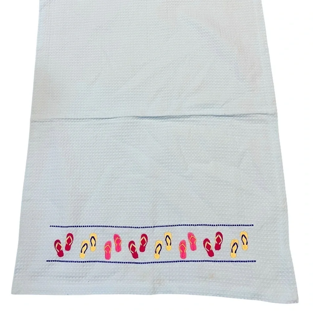 NWT Set of 4 Tag Ltd Aqua Cotton Waffle Dish Towels w Embroidered Flip Flops